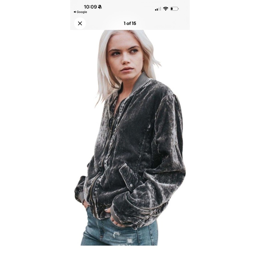 Free People Grey Velvet Ruched Bomber Jacket XS OB543336 Charcoal Crushed Luxe